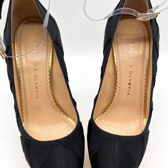 CHARLOTTE OLYMPIA Heels Womens 37 Black Gold Satin Pump Platform Ankle Strap - Picture 3 of 15